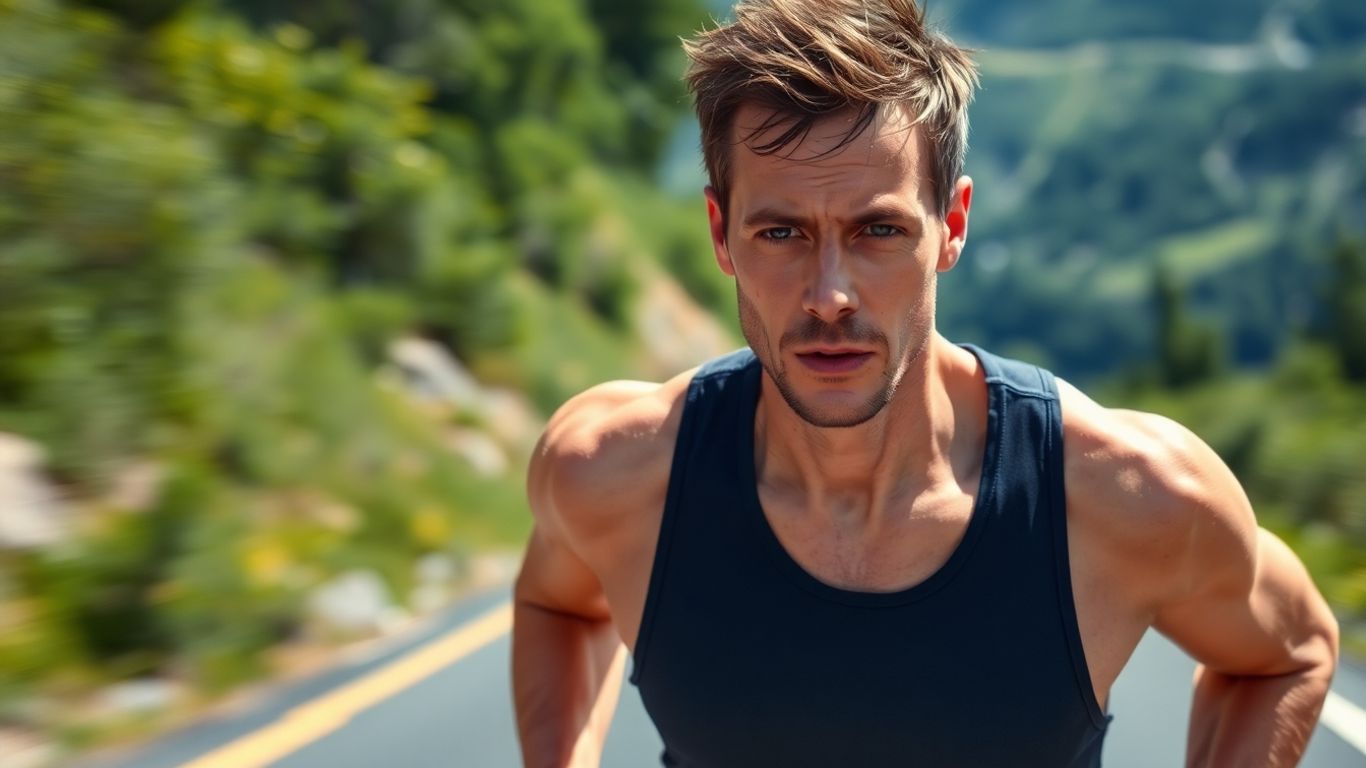 Runner's focused face and determined stride during a half marathon.
