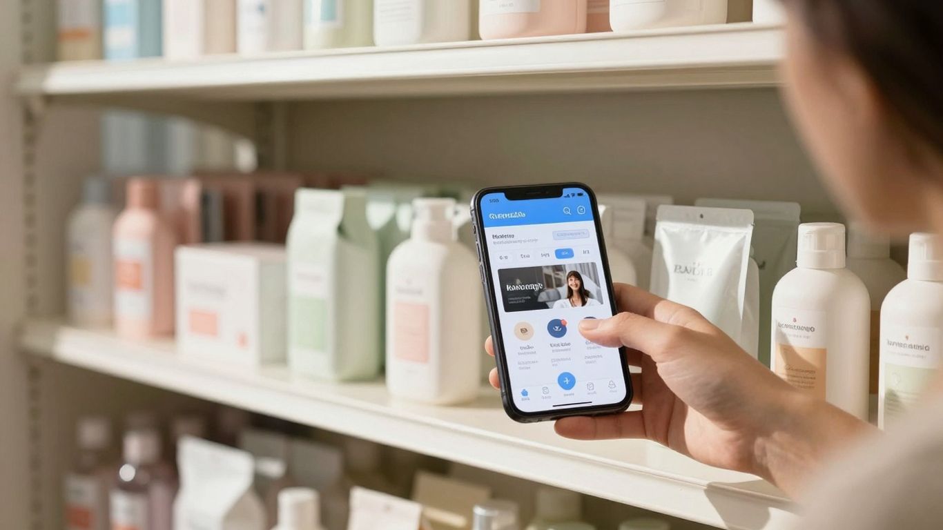 Products on shelves, hand listing item.