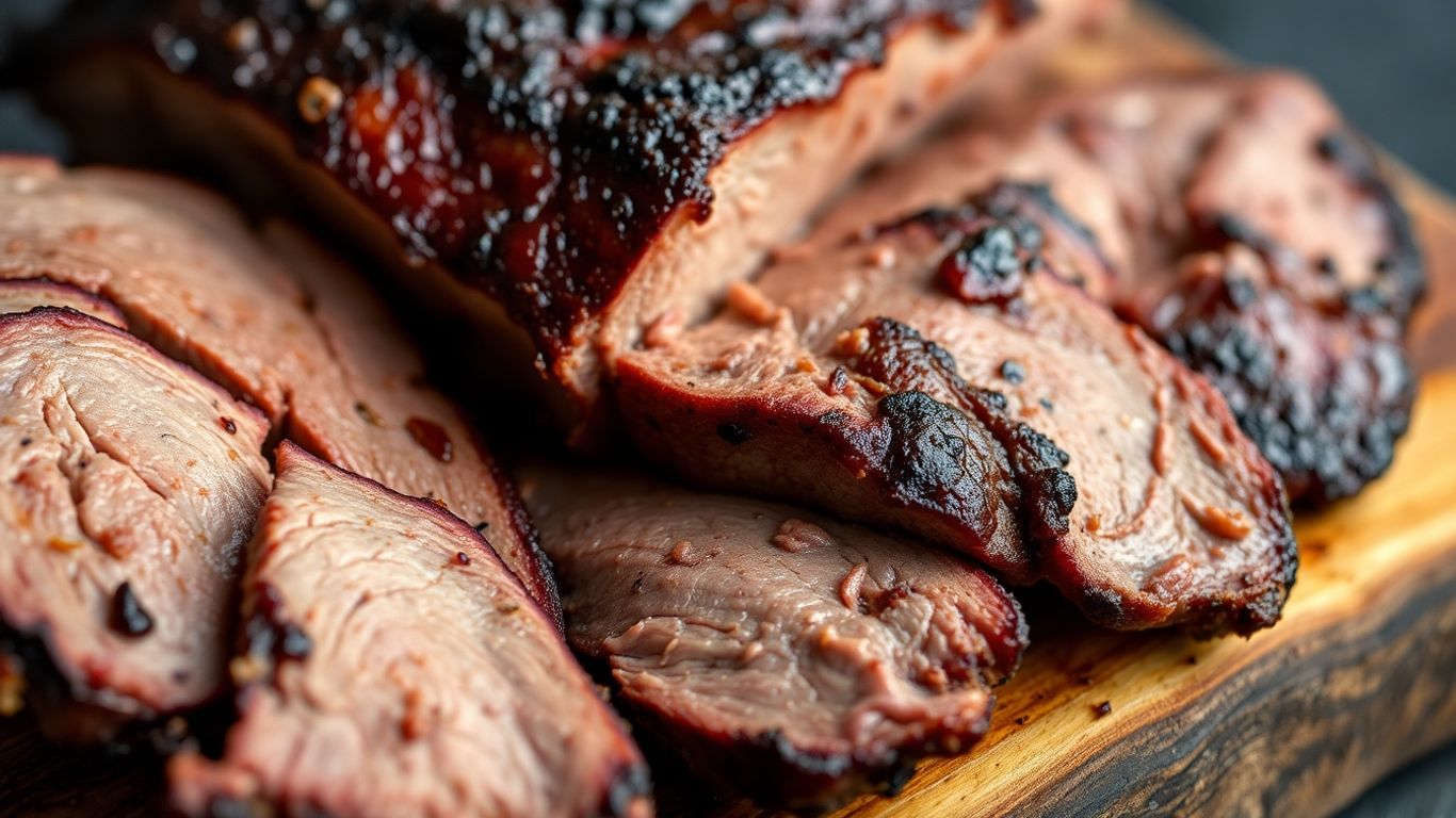 Smoked brisket slices on a wooden board