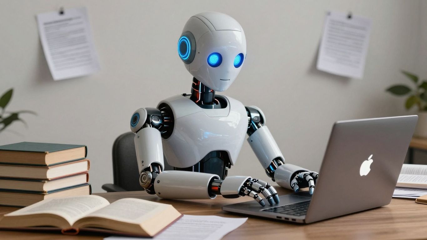 Robot studying with books and laptop.