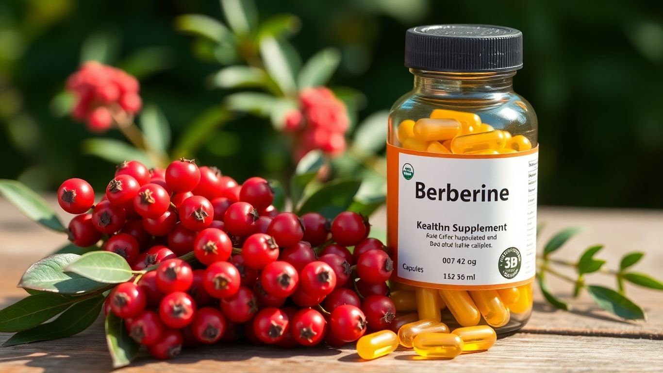 Berberine capsules and berberis berries on a table