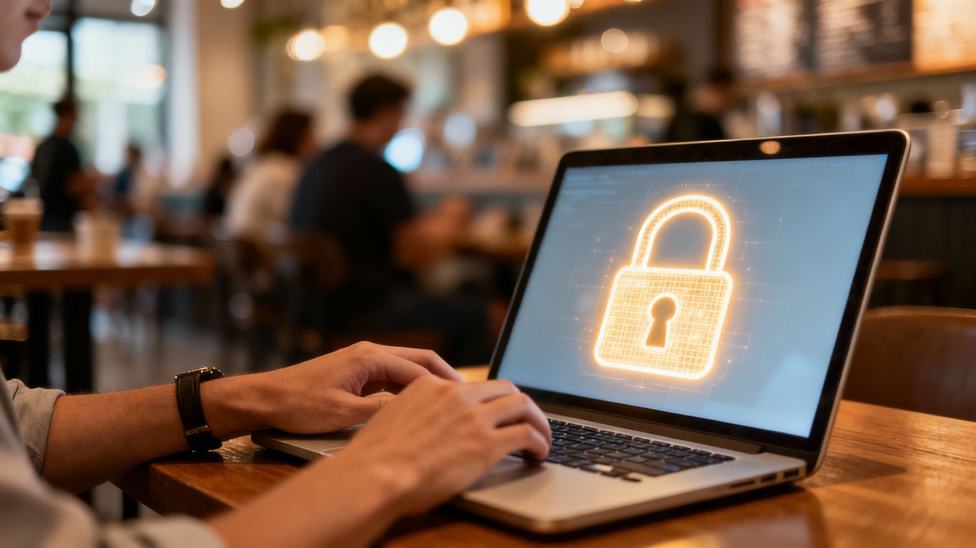 Person using laptop on public Wi-Fi with security icon.