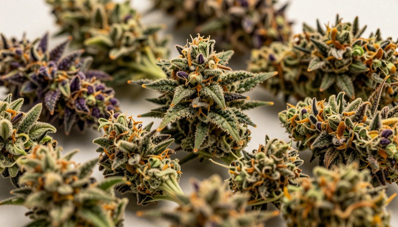 Colorful marijuana buds with green, purple, and orange hues.