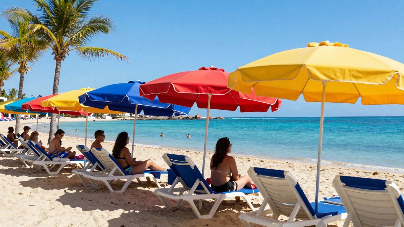 Zonnige strandtent met parasols, ligstoelen en de zee.