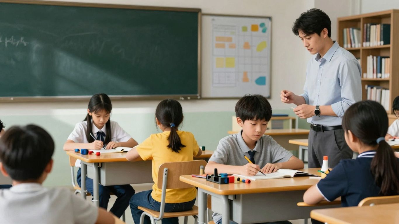 Alunos em sala de aula aprendendo com ferramentas.