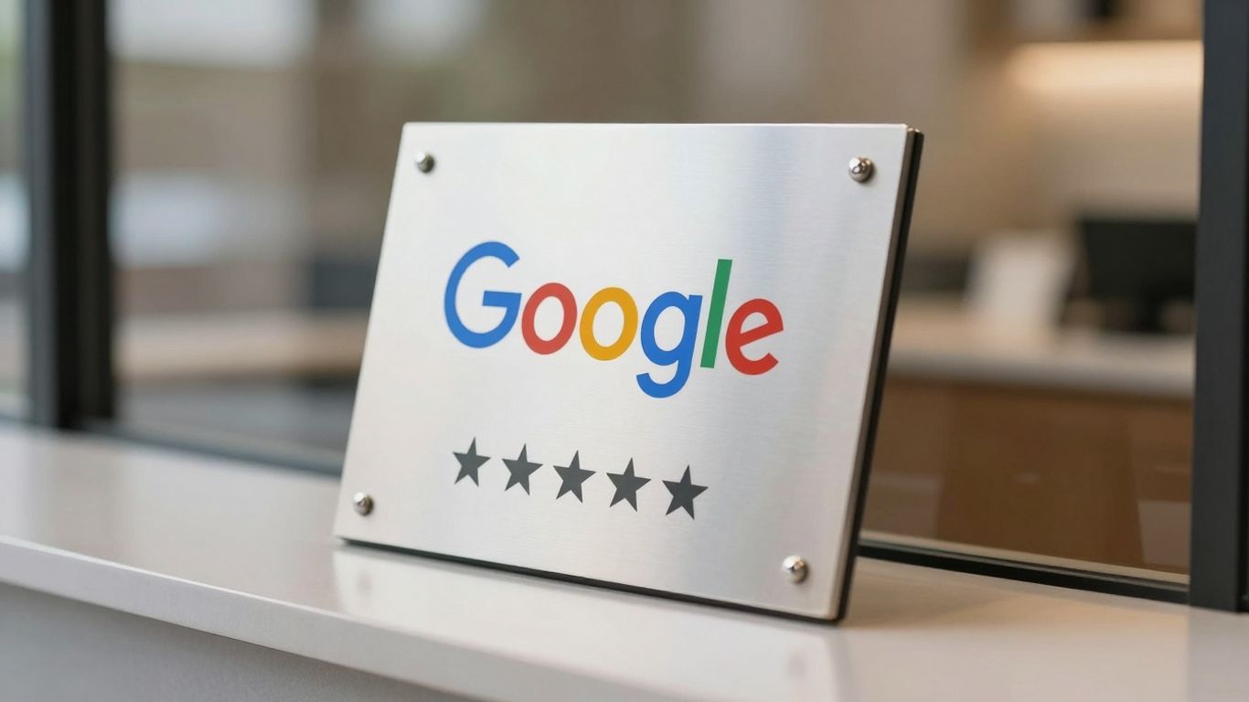 Google review plaque on a modern surface.