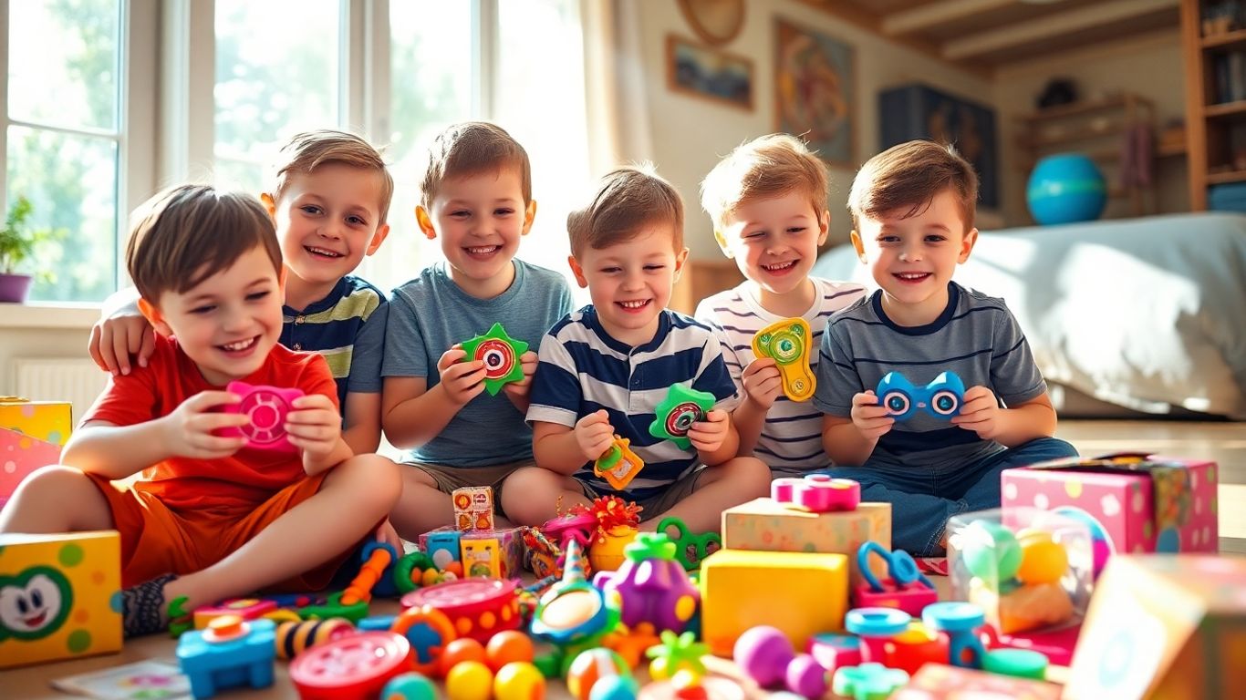 Boys enjoying colorful pop fidget toys and birthday gifts.