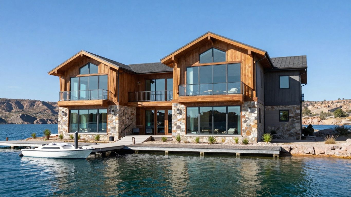 Modern lakefront home with dock and boat.