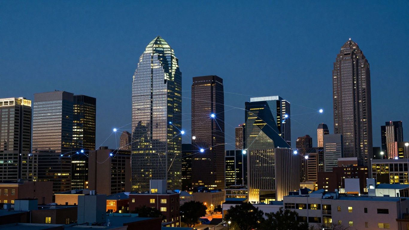 Dallas cityscape with digital connections and spotlight.