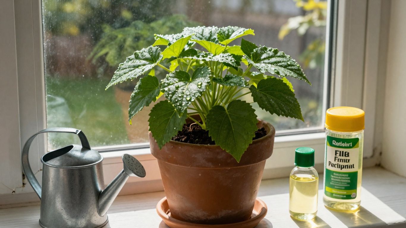 Gesunde Zimmerpflanze mit natürlichen Pflegemitteln auf einem Fensterbrett.