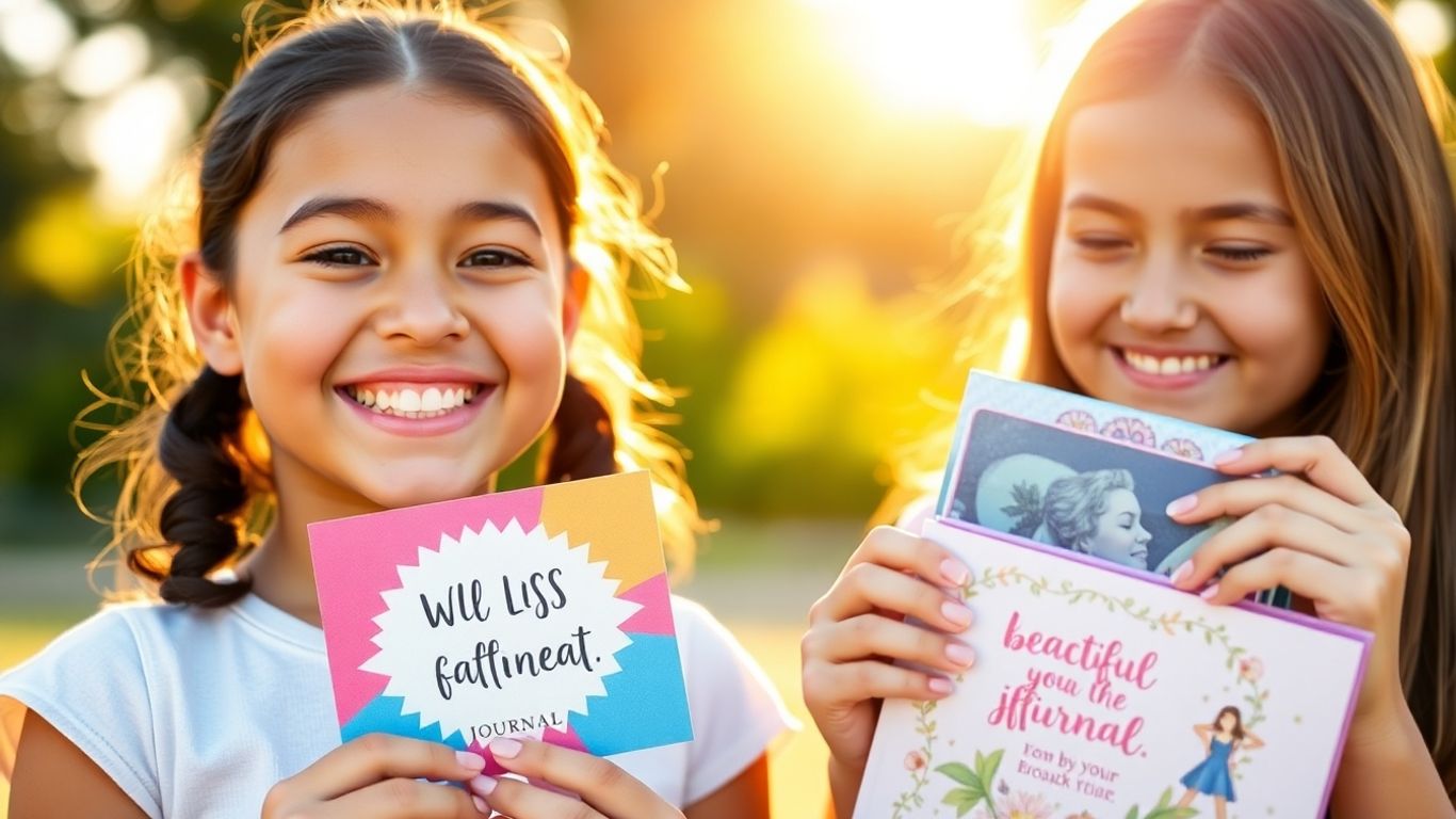 Girl holding affirmation card, smiling brightly.