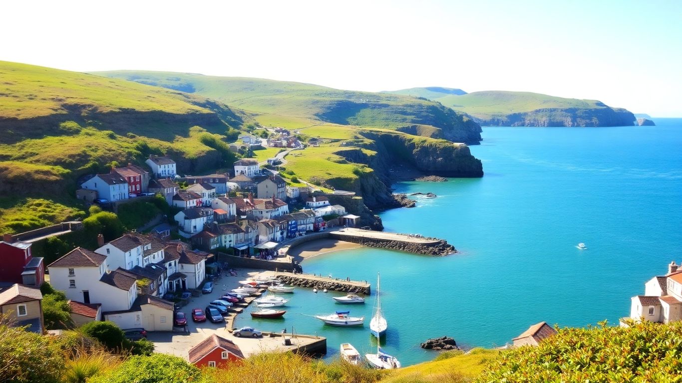 Cornwall coastal village with colorful cottages and sea.