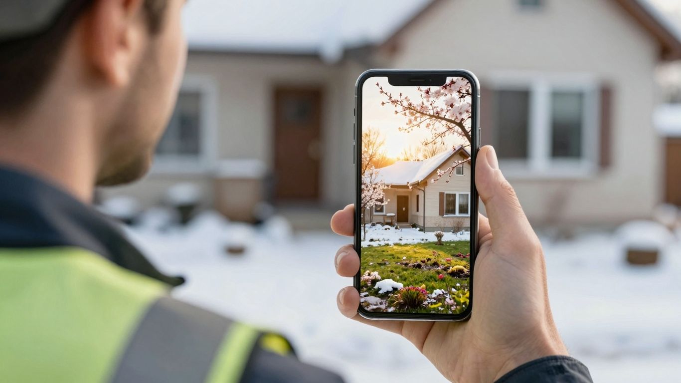 Contractor's hand, smartphone, spring landscape, snow to bloom transition.