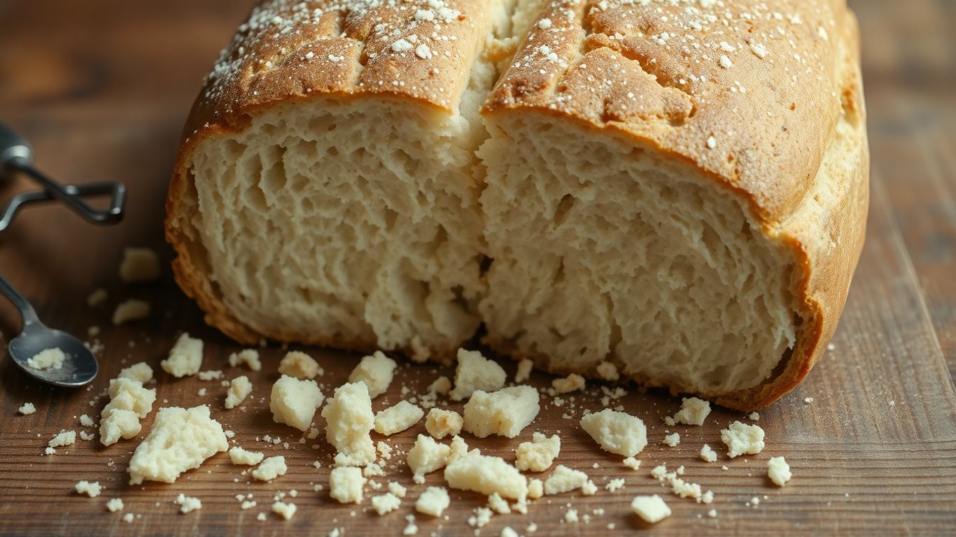 Crumbly gluten-free bread loaf on a wooden surface.