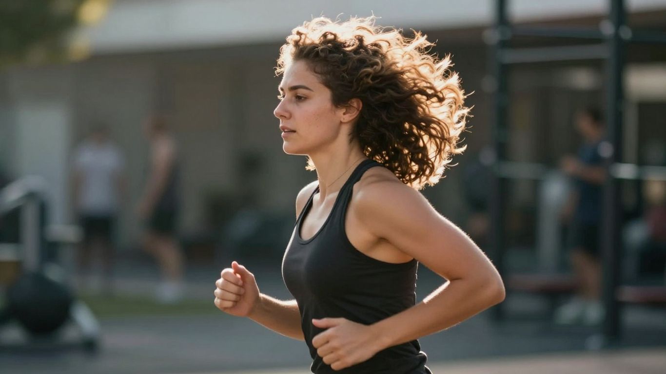 Person running with healthy hair, gym background.