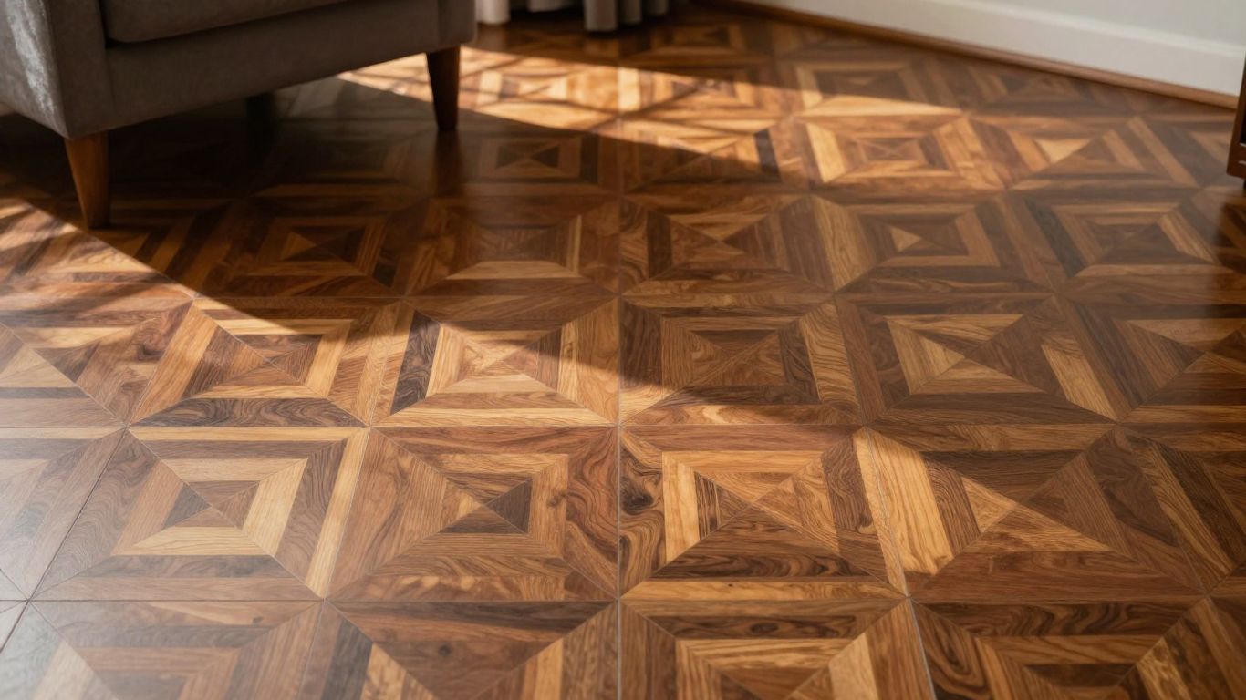 Geometric patterned vinyl flooring in a living room.