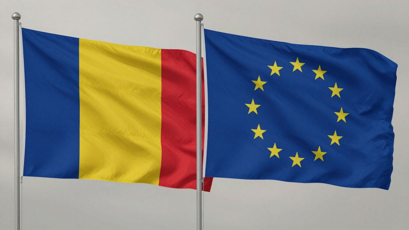 Steagul României și steagul Uniunii Europene împreună.