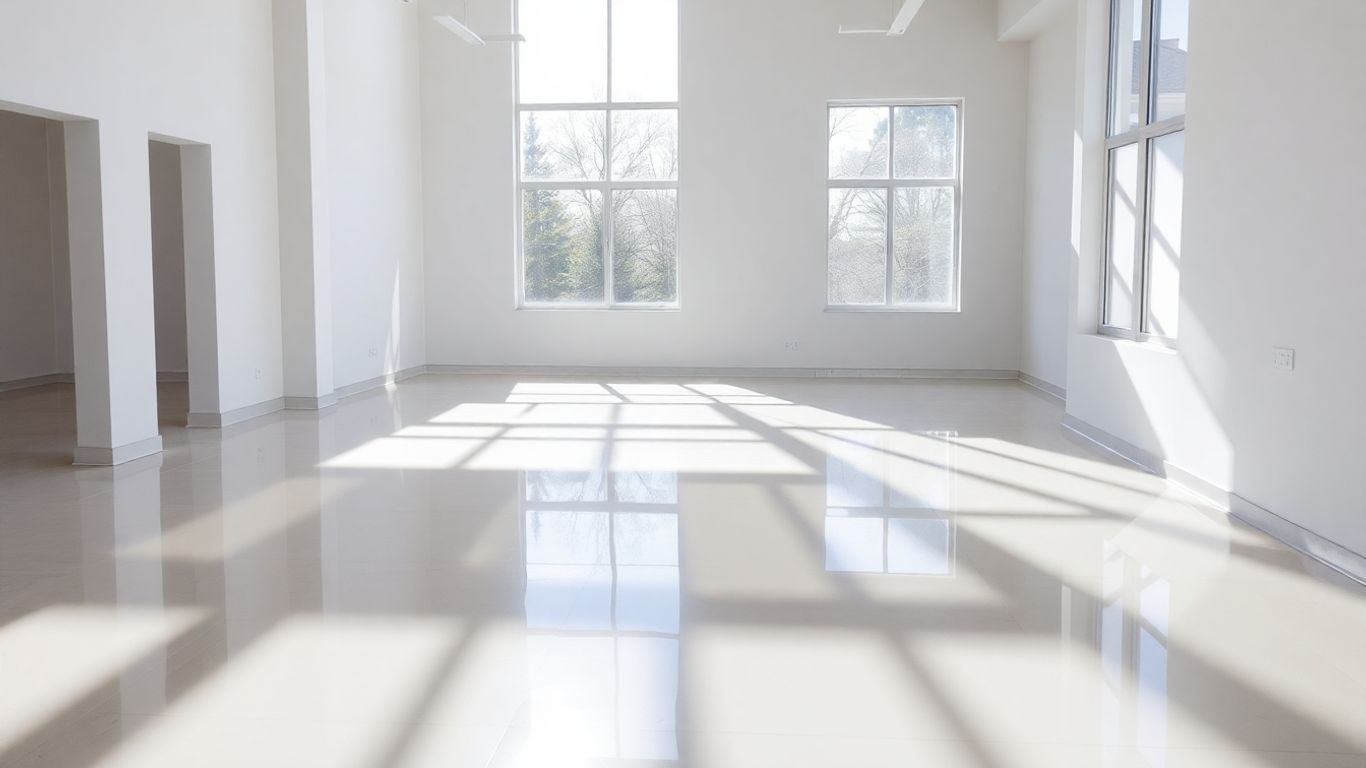 Immaculate post-construction room with gleaming surfaces and bright sunlight.