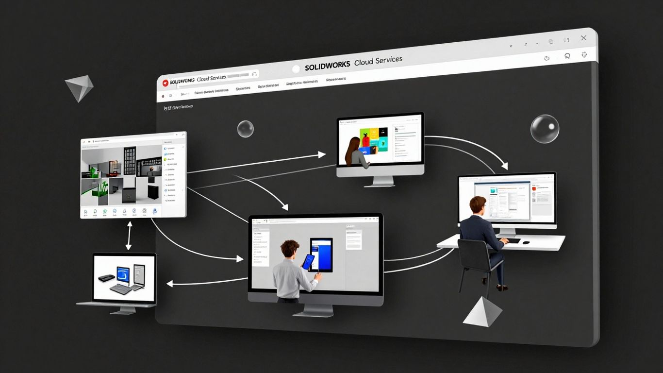 SOLIDWORKS Cloud Services interface with 3D models and workspaces.