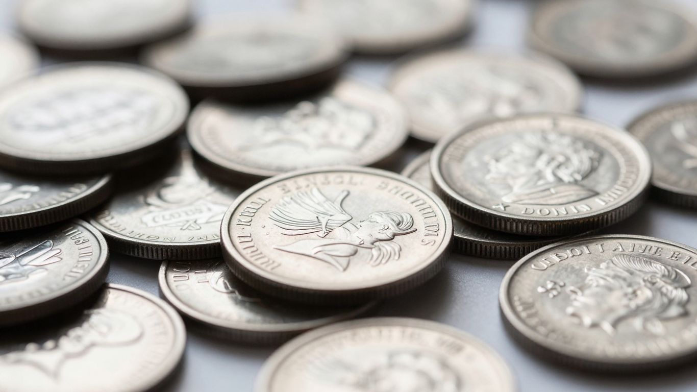 Pièces et lingots d'argent brillant, texture métallique.