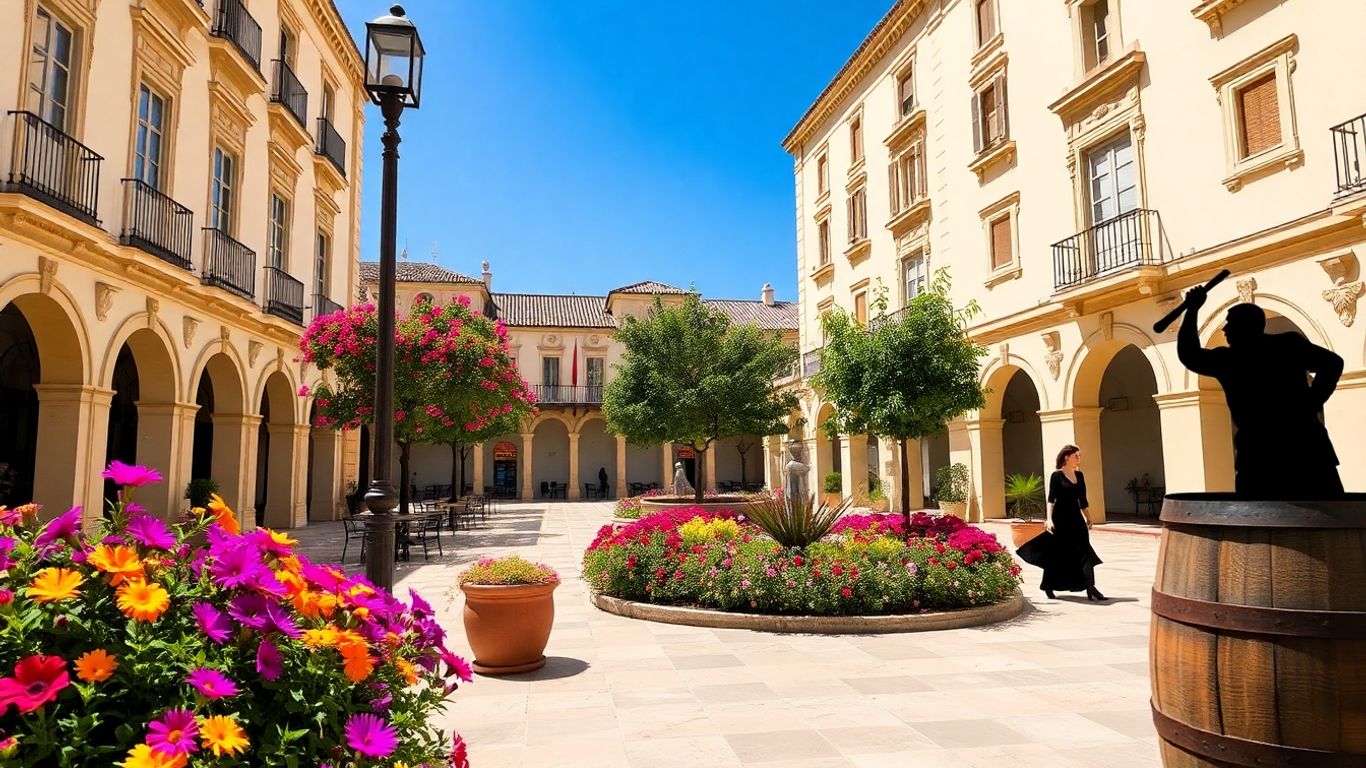 Piazza di Jerez de la Frontera con botte di sherry e ballerina di flamenco.