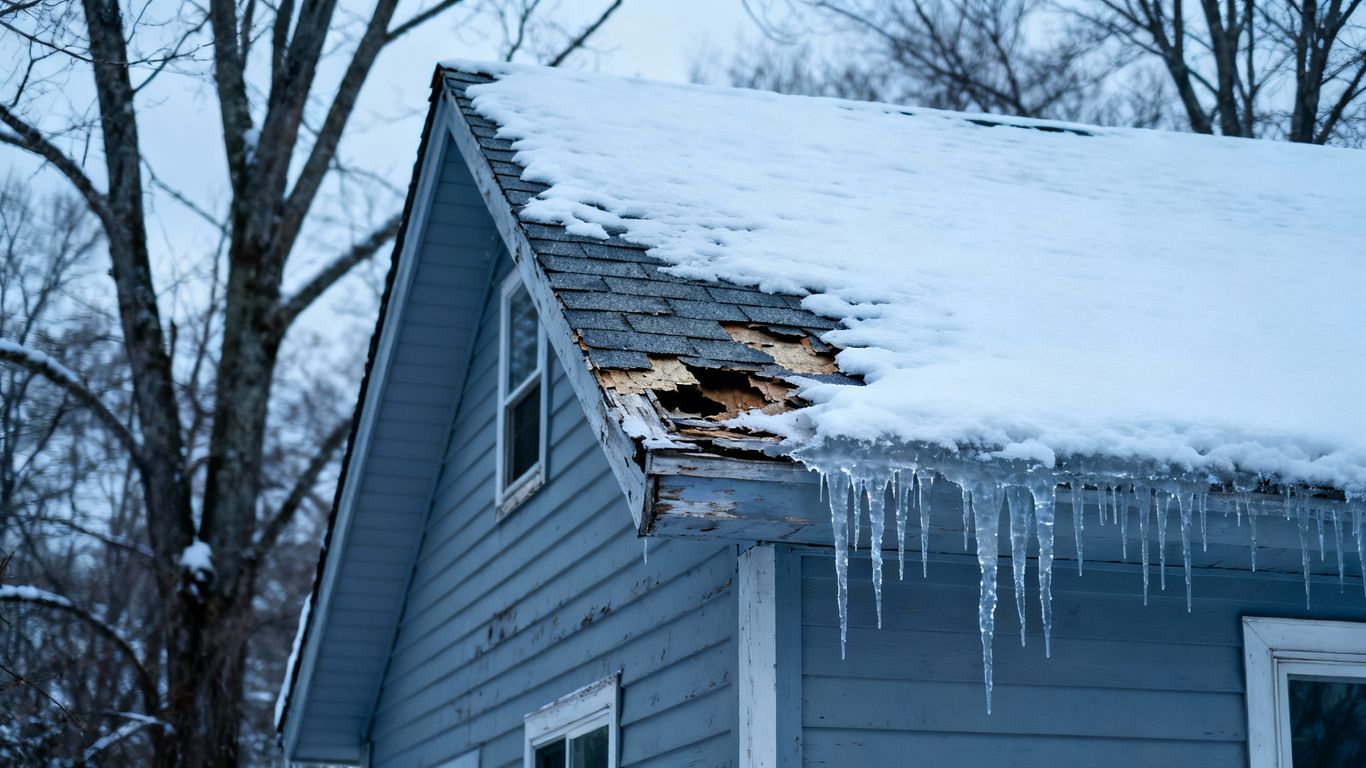 Winter house roof damage with snow and icicles.