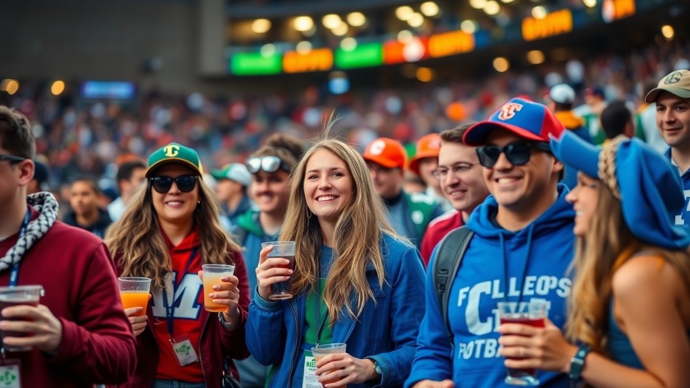 College football fans dressed for game day and tailgating.
