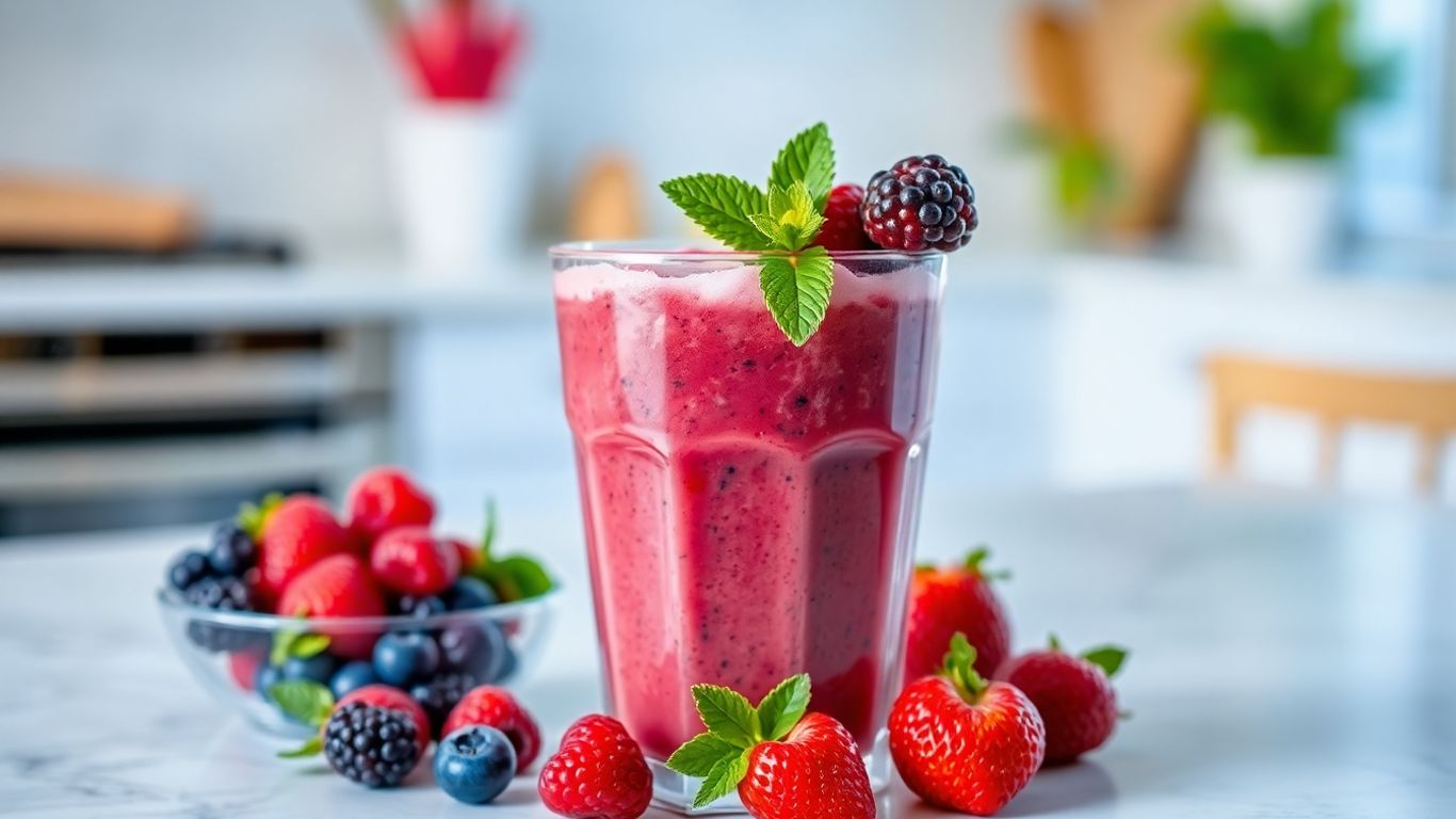 Frischer Smoothie mit Beeren und Minze auf Küchentheke