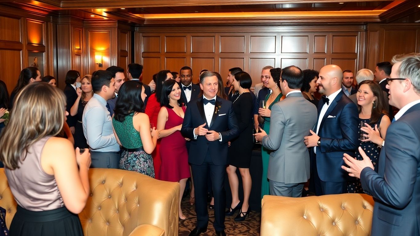 Elegant people networking in a private club.