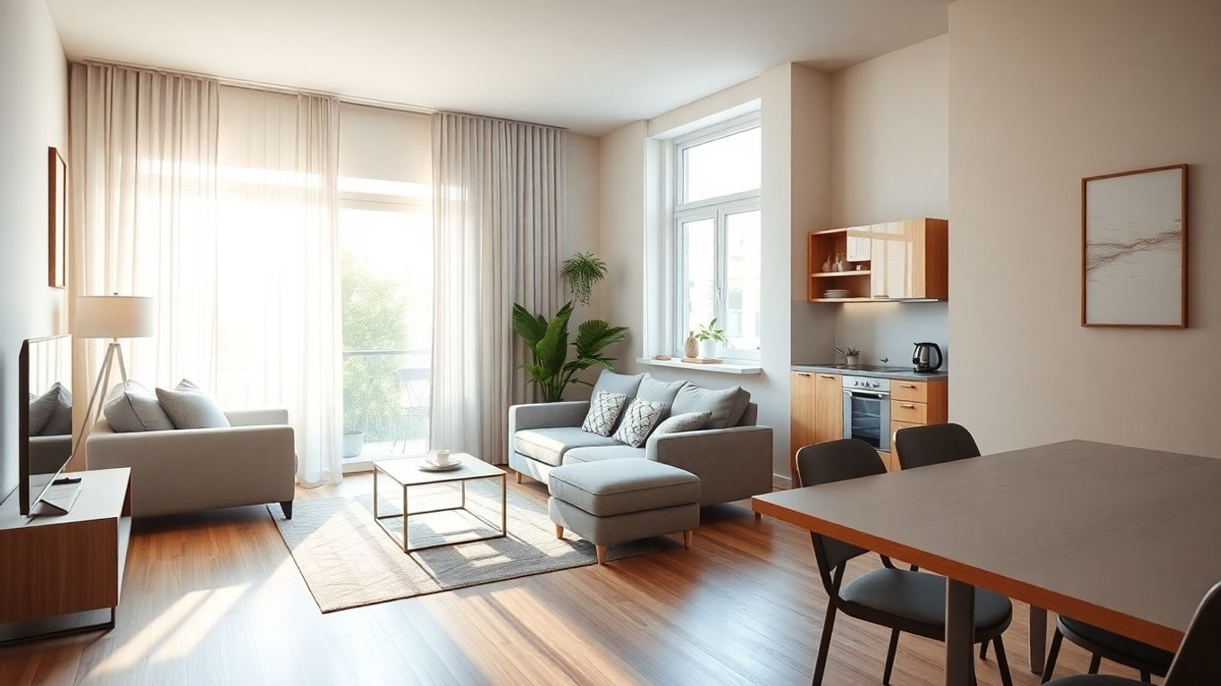 Apartament modern cu mobilier eficient și lumină naturală.
