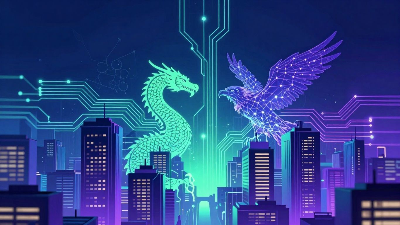 China's AI dominance depicted through futuristic city and dragon imagery.