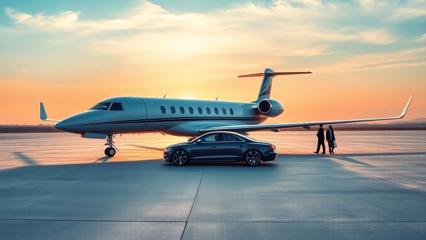 Private jet and luxury car on airport tarmac