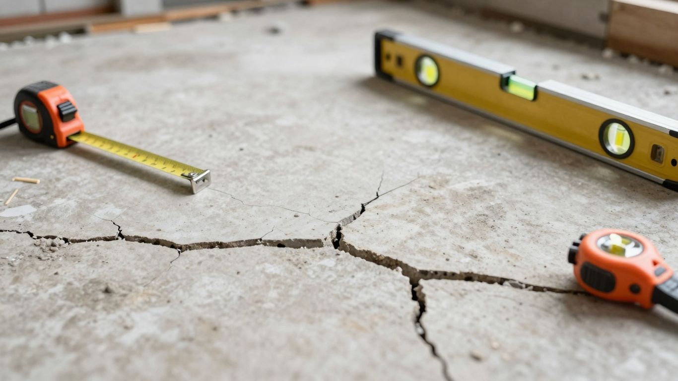 House foundation with cracks and repair tools.
