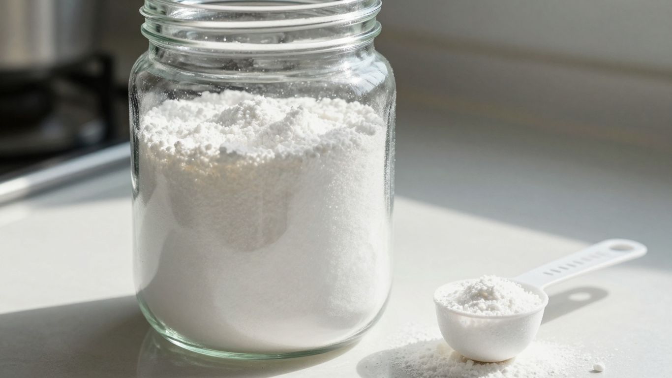 Homemade dishwasher detergent in a jar with a scoop.