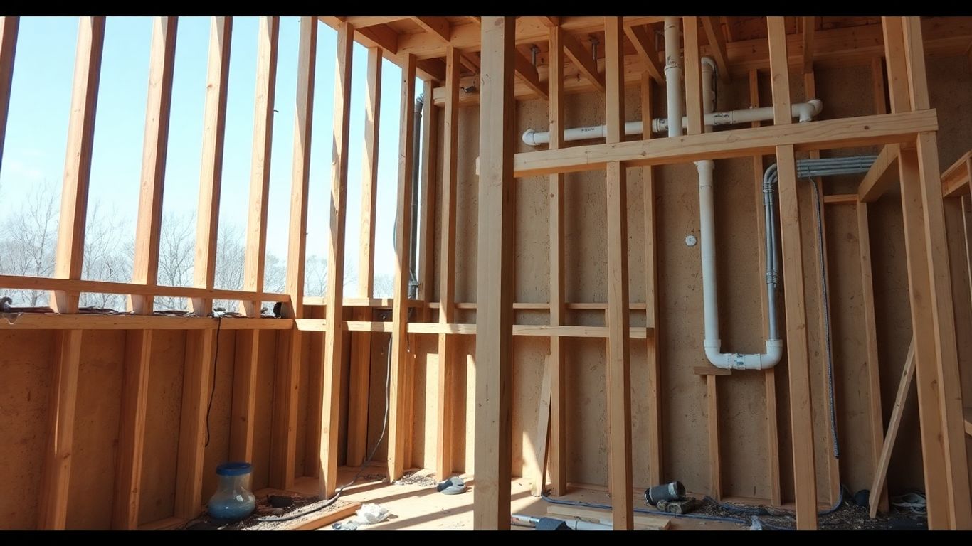 House construction with visible plumbing pipes.