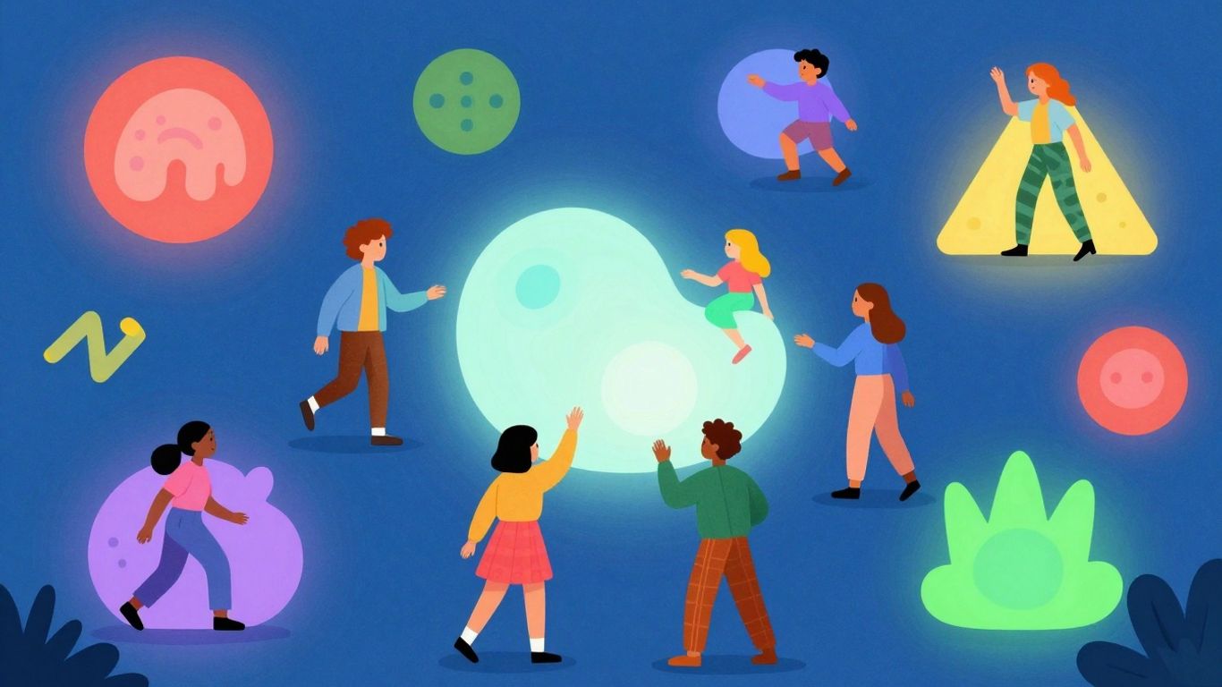 Diverse characters exploring abstract shapes in a game-like setting.