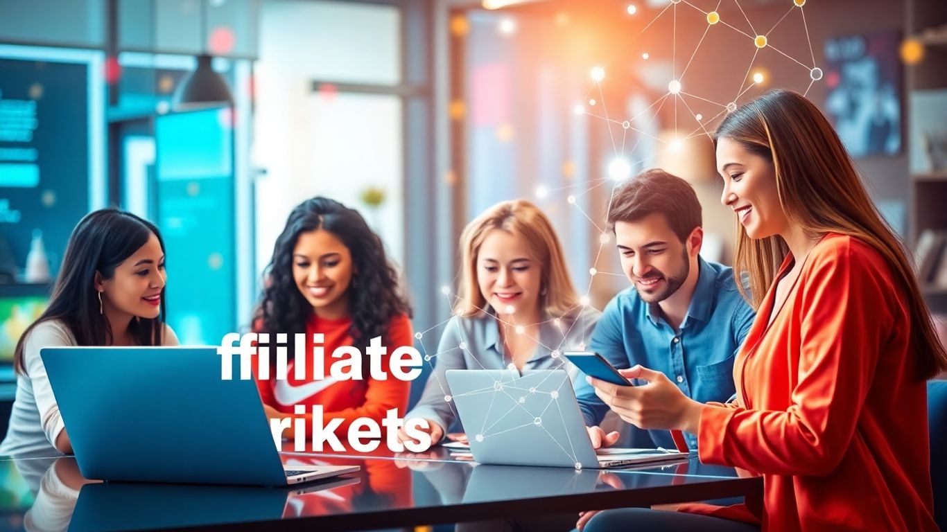 Affiliate marketing ecosystem with diverse people and digital elements.