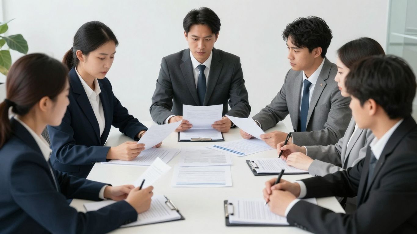 Business professionals discussing insurance compliance documents.