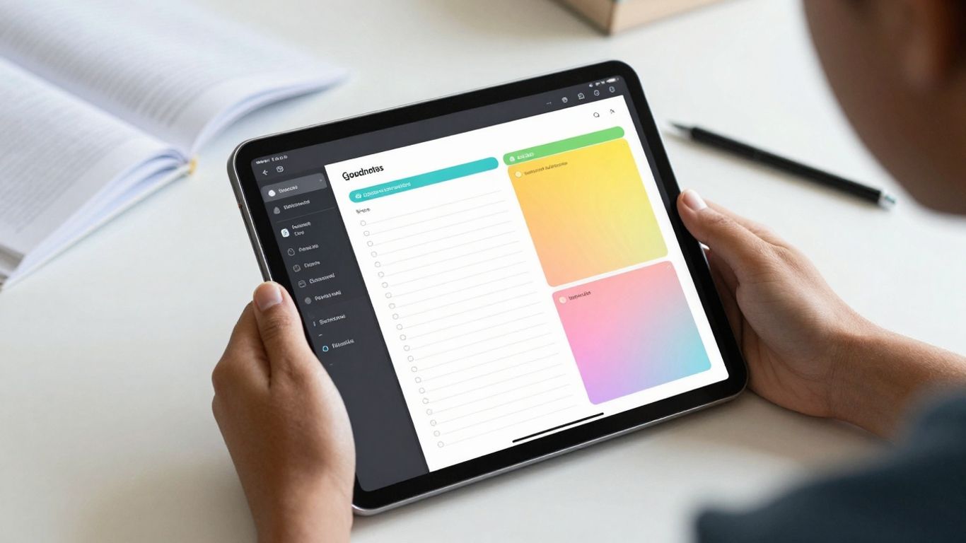 Student using GoodNotes app on a tablet for studying.