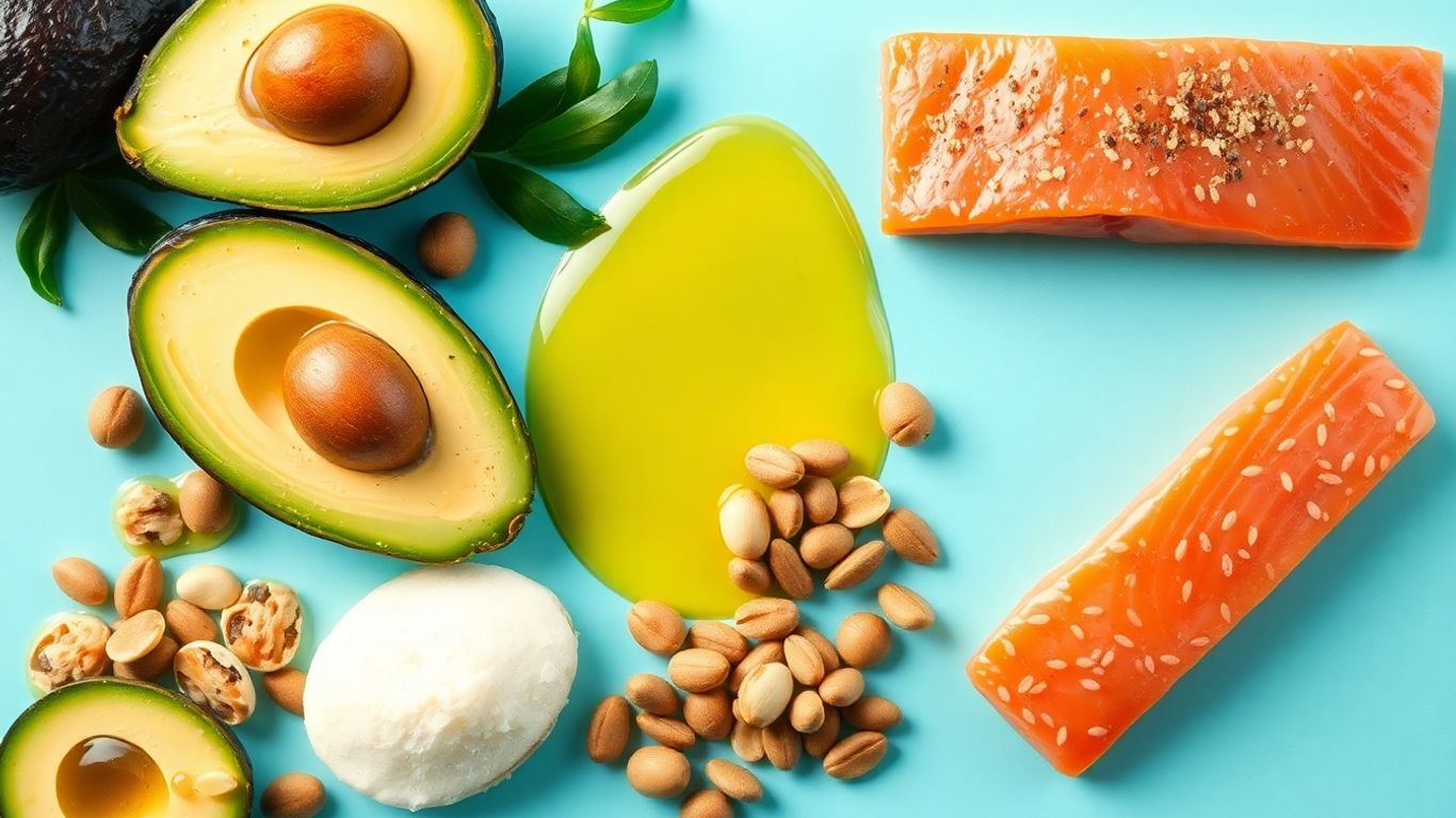 Colorful healthy fats like avocado, olive oil, nuts, and salmon.