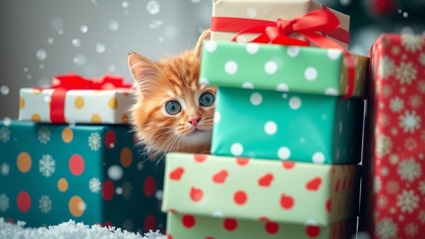 Ginger cat peeking from behind Christmas presents.