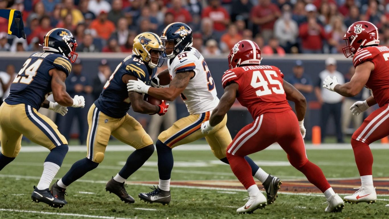NFL game action with players on the field.