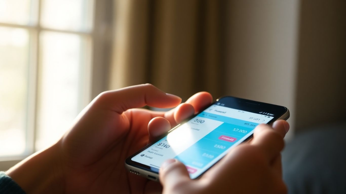 Manos sosteniendo un teléfono con una aplicación de finanzas.