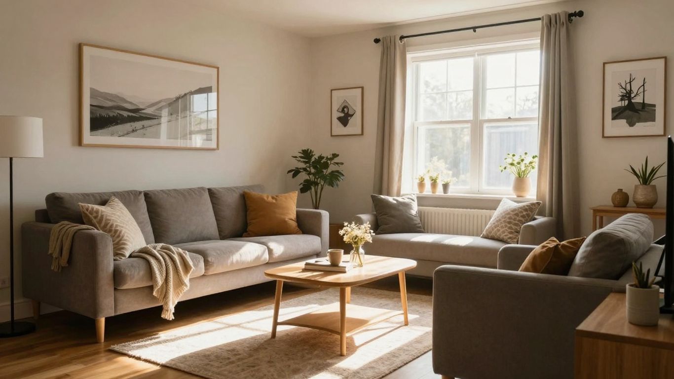 Cozy Airbnb living room with stylish furniture and warm lighting.