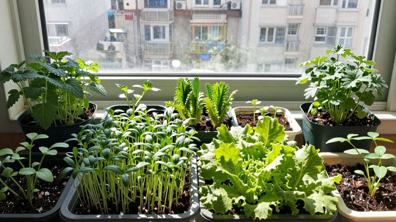 Frische Kräuter und Gemüse wachsen auf einem Fensterbrett.