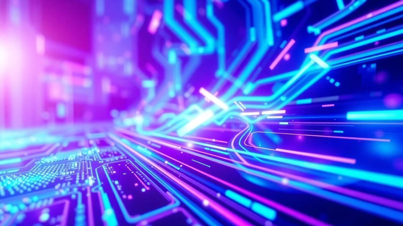 Futuristic technology with glowing circuits and light trails.