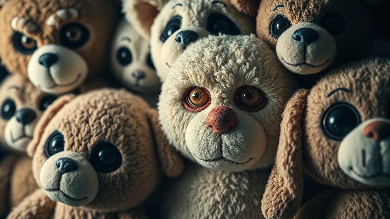 Stuffed animals with human-like faces, some creepy, some cute.