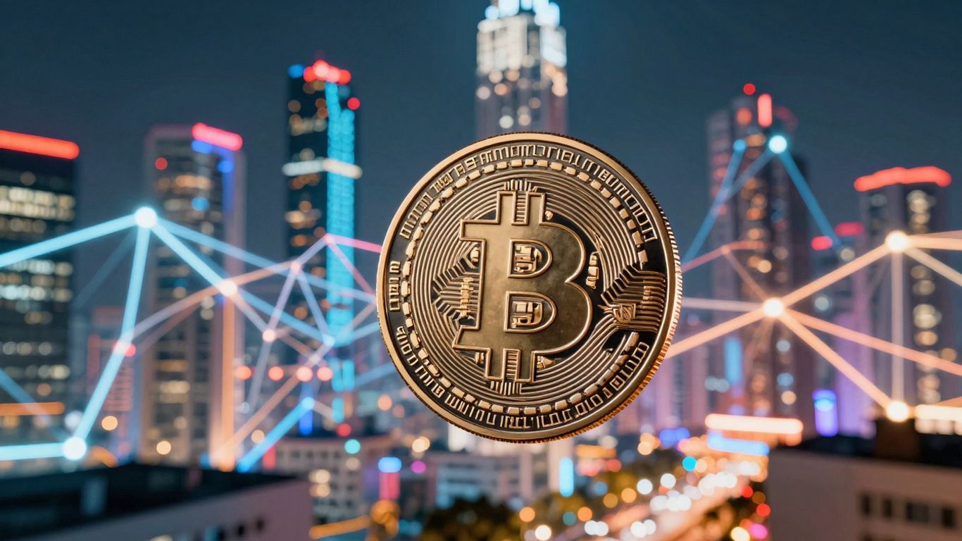 Futuristic cityscape with glowing cryptocurrency coin.