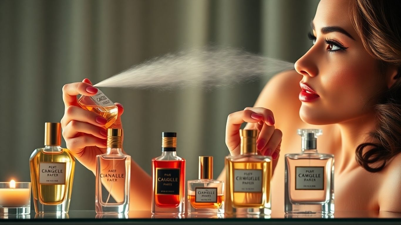 Woman spraying perfume, elegant bottles, evening glamour.