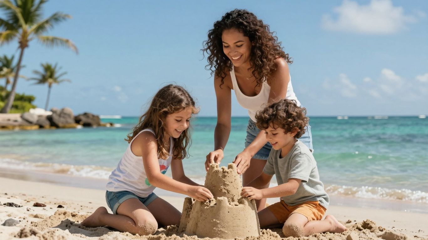 Rodzina na plaży z all inclusive wakacjami last minute.